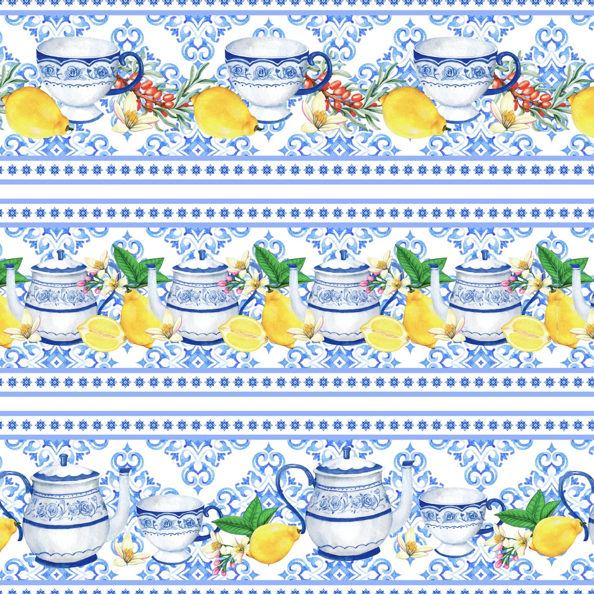Tricoline estampa digital barrado limões e porcelanas  - CORTES 0,55m x 1,50m