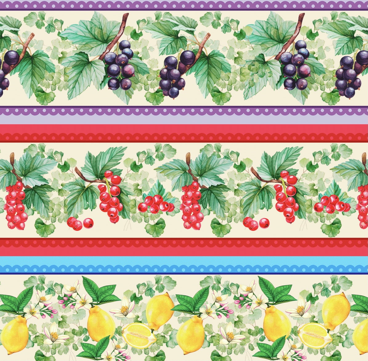 Tricoline estampa digital barrado frutas diversas - CORTES 0,55m x 1,50m