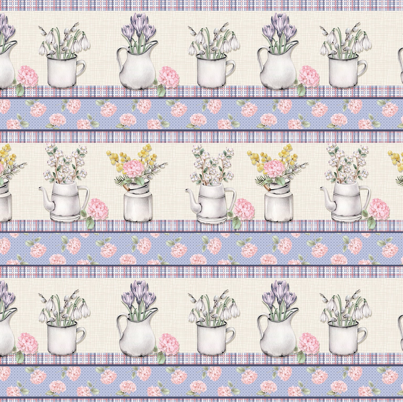 Tricoline estampa digital barrado flores no jardim - CORTES 0,55m x 1,50m