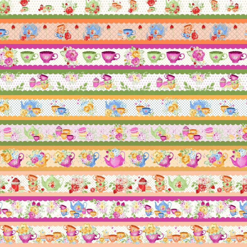 Tricoline estampa digital barrado xícaras coloridas - CORTES 0,55m x 1,50m