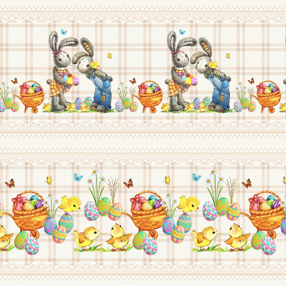 Tricoline estampa digital barrado casal de coelhos  - CORTES 0,55m x 1,50m