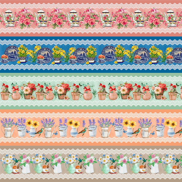 Tricoline estampa digital barrado flores e pássaros  - CORTES 0,55m x 1,50m