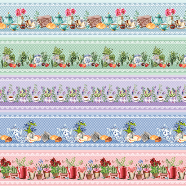 Tricoline estampa digital barrado chá da tarde floral  - CORTES 0,55m x 1,50m