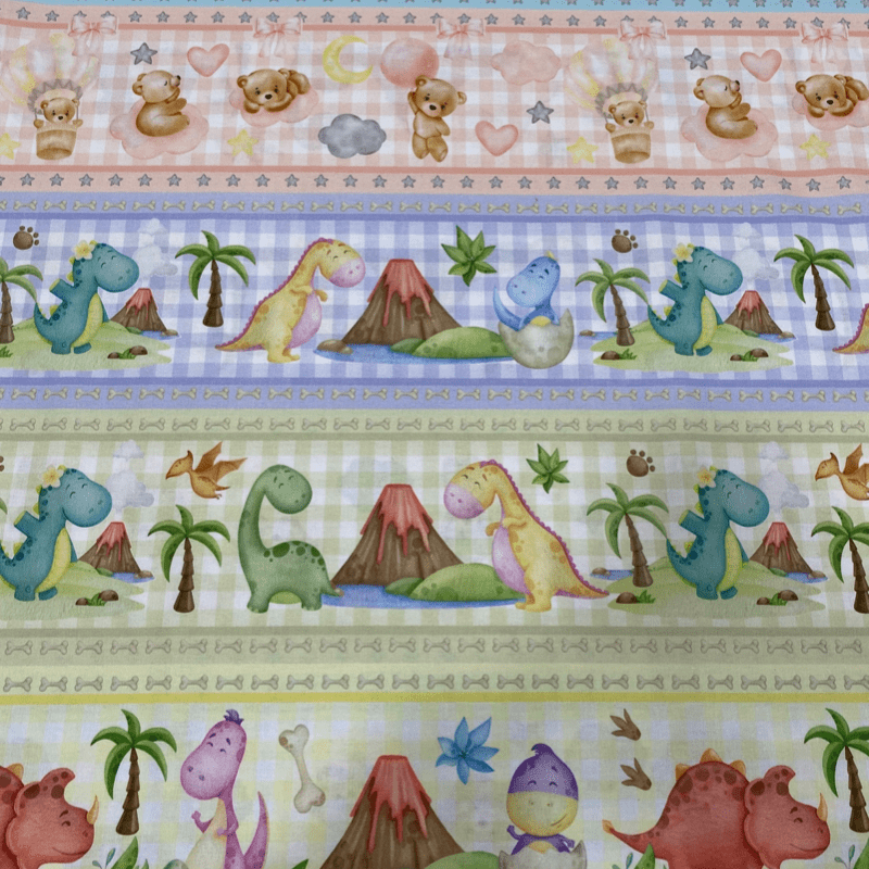 Tricoline estampa digital barrado dinos e ursinhos  - CORTES 0,55m x 1,50m