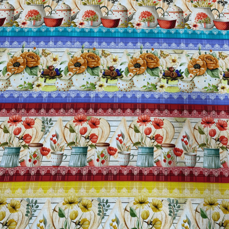 Tricoline estampa digital barrado flores e potinhos - CORTES 0,55m x 1,50m