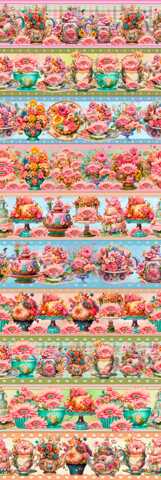 Tricoline estampa digital barrado doces xícaras  - CORTES 0,55m x 1,50m