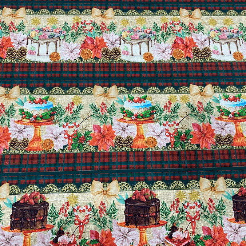 Tricoline estampa digital barrado doces de natal  - CORTES 0,55m x 1,50m