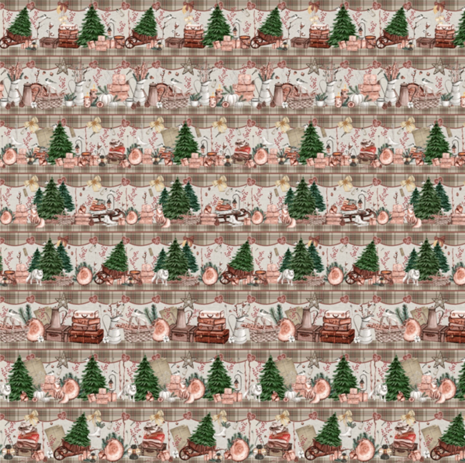 Tricoline estampa digital barrado pinheiros de natal  - CORTES 0,55m x 1,50m
