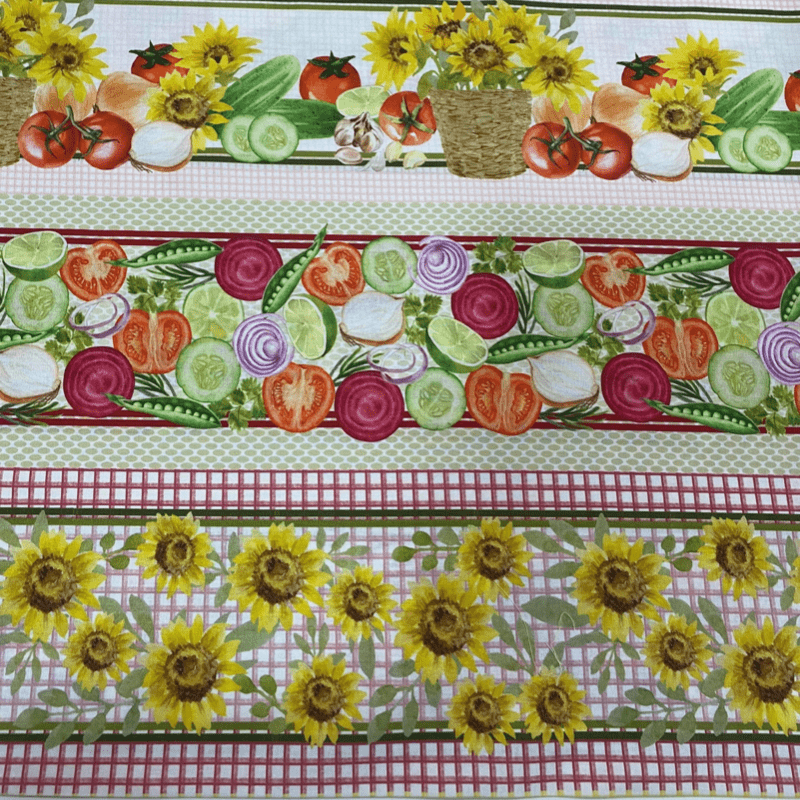 Tricoline estampa digital barrado girassóis e legumes  - CORTES 0,55m x 1,50m