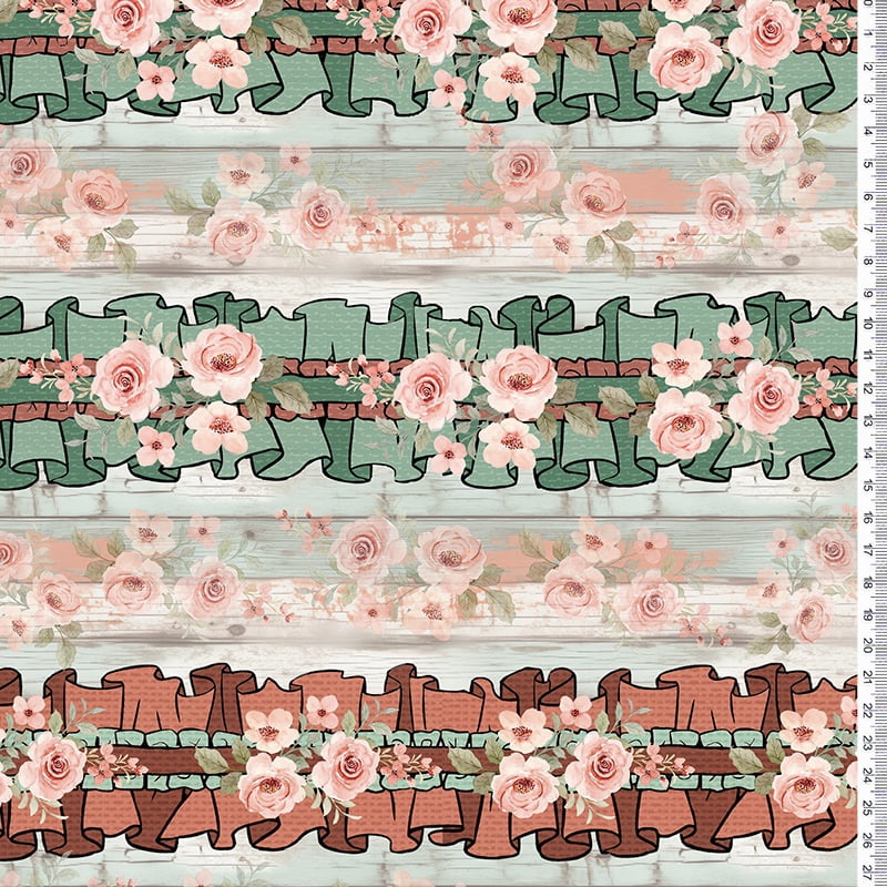 Tricoline estampa digital barrado de rosas bon voyage - CORTES 0,55m x 1,50m