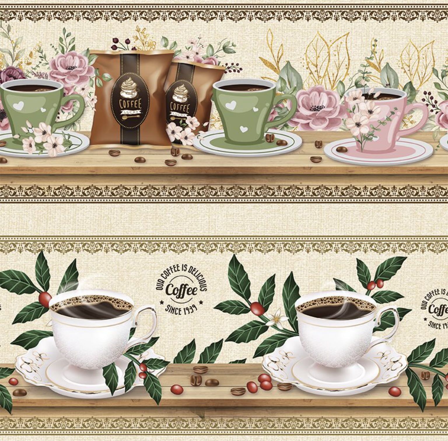 Tricoline estampa digital barrado cantinho do café  - CORTES 0,55m x 1,50m