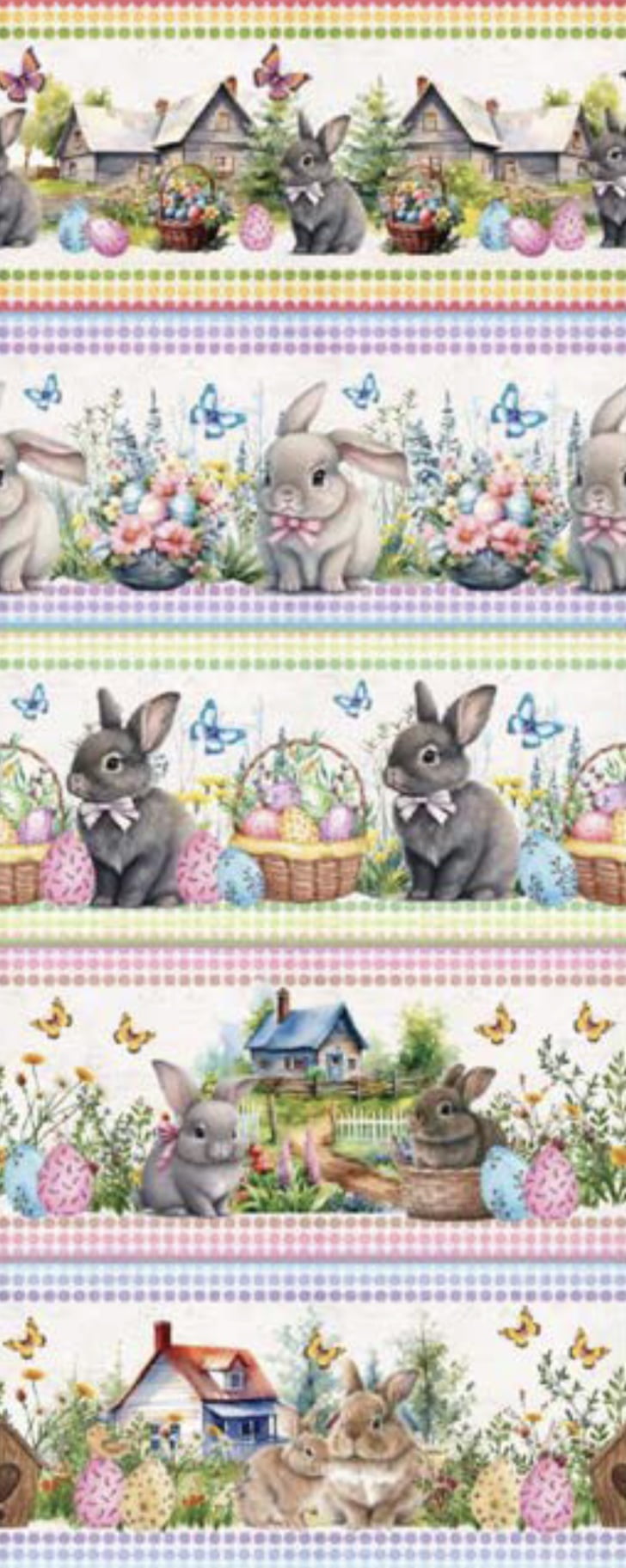 Tricoline estampa digital barrado coelhos e borboletas  - CORTES 0,55m x 1,50m