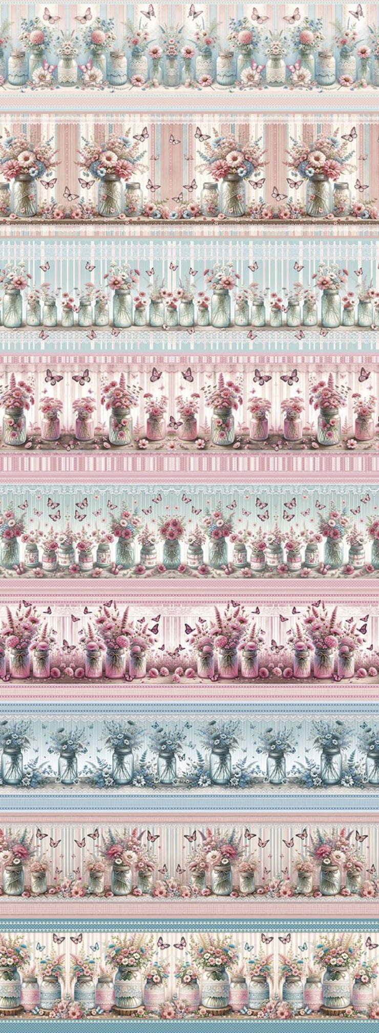 Tricoline estampa digital barrado vasos de flores e borboletas  - CORTES 0,55m x 1,50m 