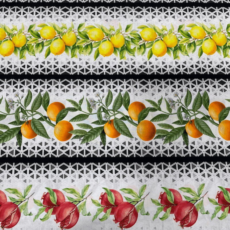 Tricoline estampa digital barrado frutas com geométrico  - CORTES 0,55m x 1,50m 