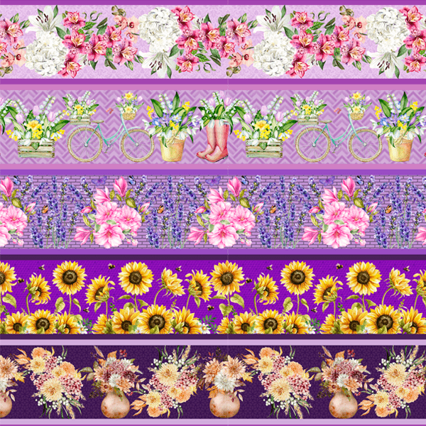 Tricoline estampa digital barrado floral com tons de roxo  - Dica para toalhas de banho 