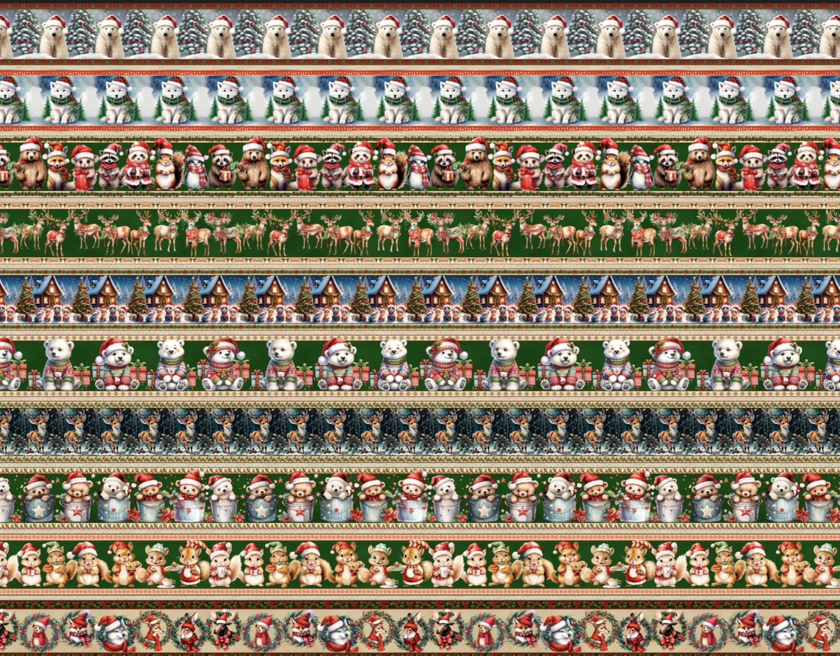 Tricoline estampa digital barrado bichinhos de natal  - CORTES 0,55m x 1,50m