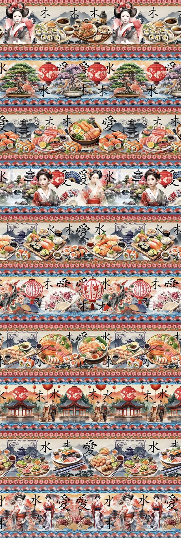 Tricoline estampa digital barrado estilo japonês  - CORTES 0,55m x 1,50m