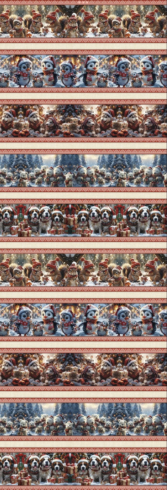 Tricoline estampa digital barrado animais fofos de natal  - CORTES 0,55m x 1,50m