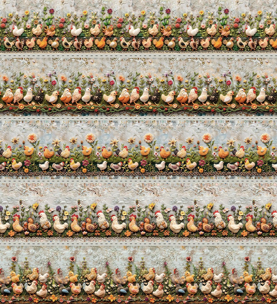 Tricoline estampa digital barrado galinhas  - CORTES 0,55m x 1,50m