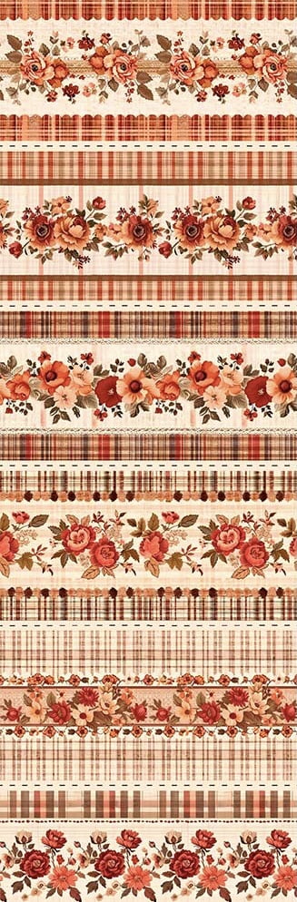 Tricoline estampa digital barrado floral tijolo  - CORTES 0,55m x 1,50m