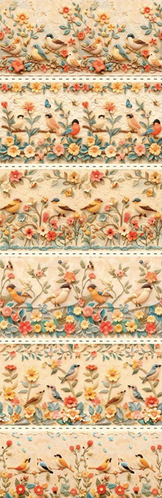 Tricoline estampa digital barrado pássaros com flores  - CORTES 0,55m x 1,50m