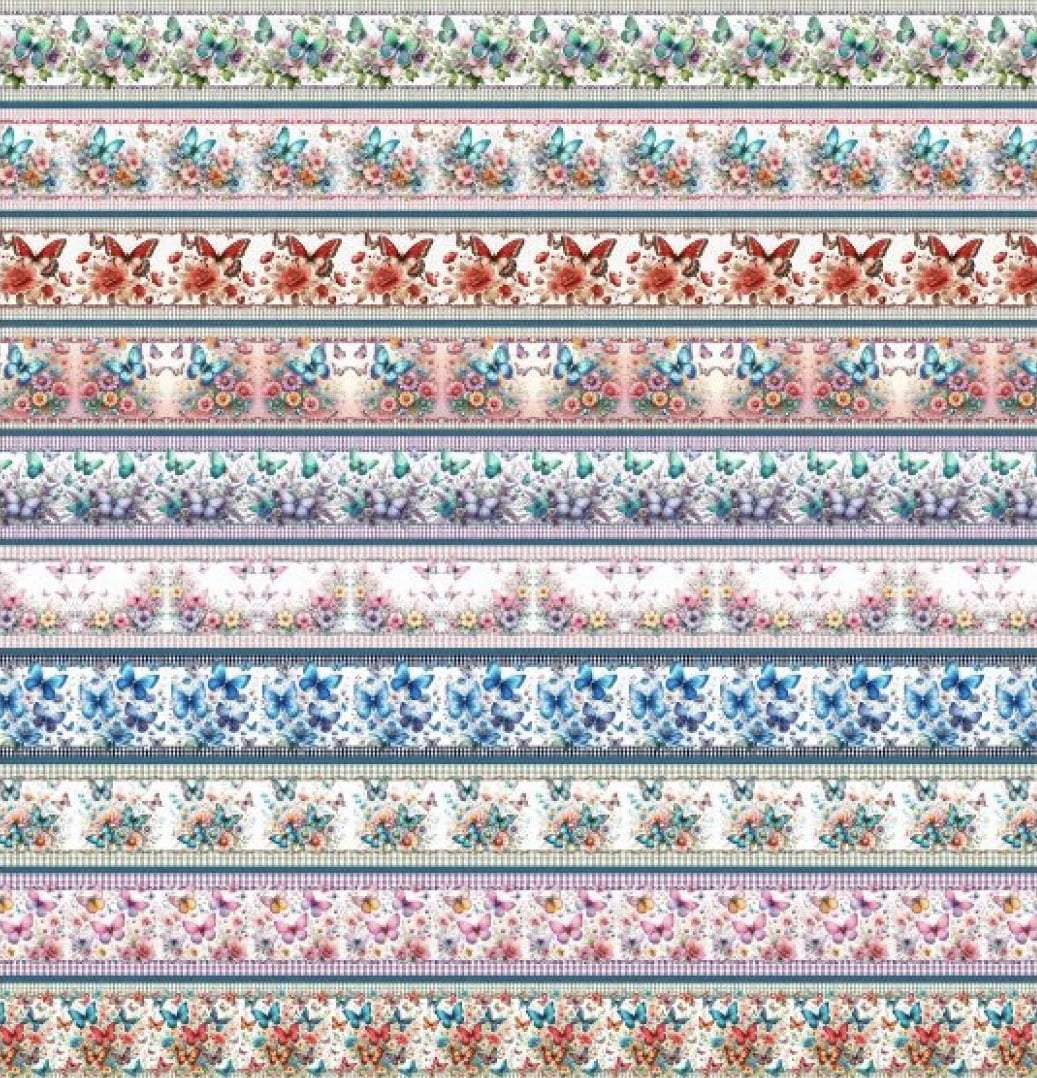 Tricoline estampa digital barrado borboletas e flores  - CORTES 0,55m x 1,50m