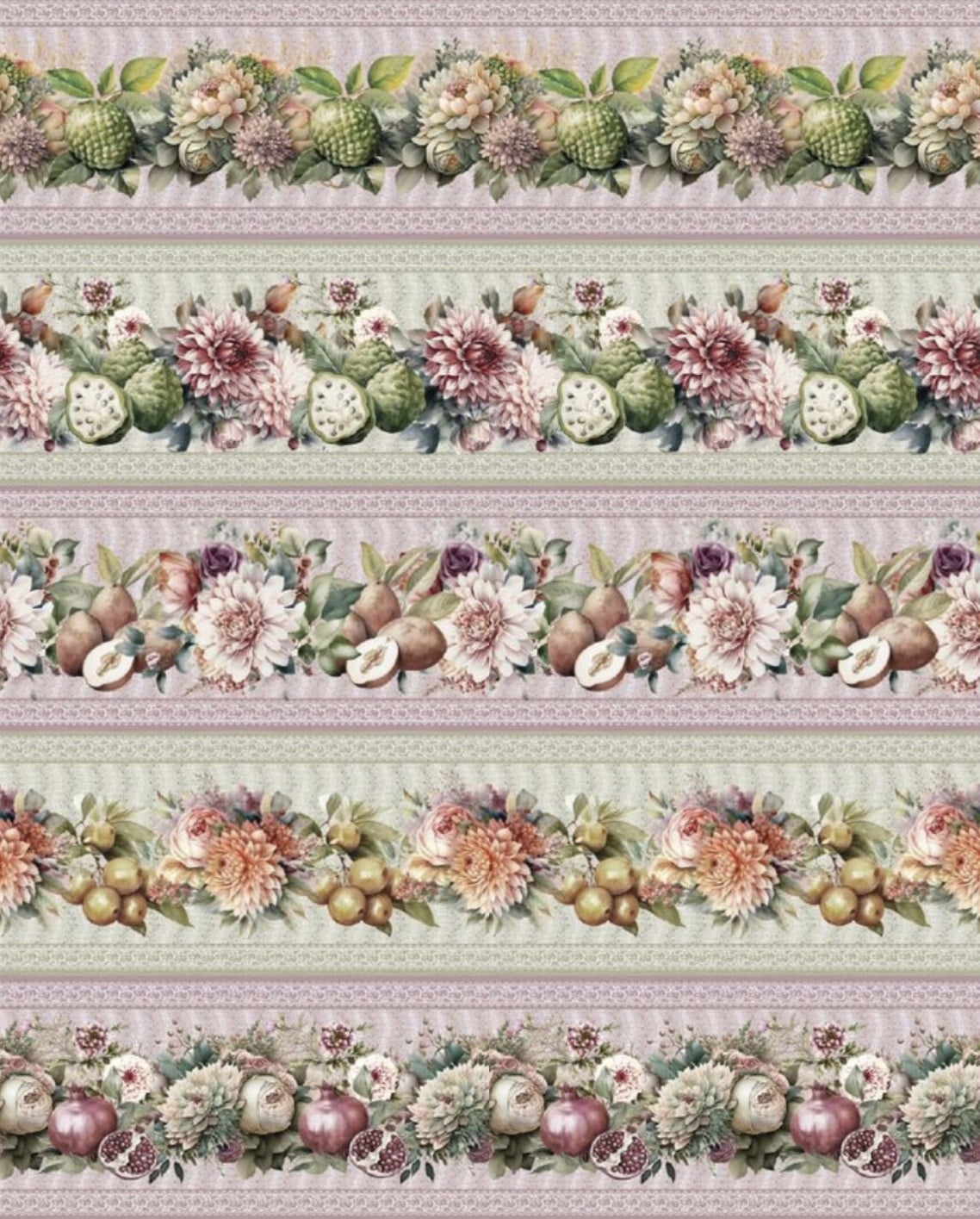 Tricoline estampa digital barrado frutas e flores  - CORTES 0,55m x 1,50m