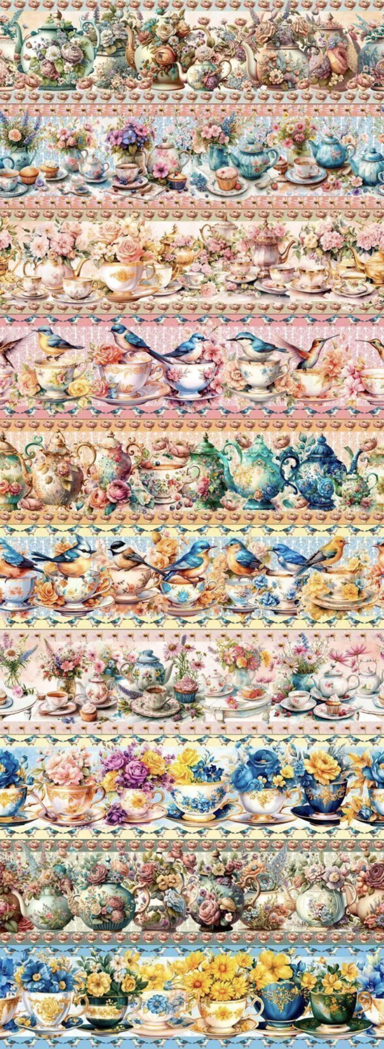 Tricoline estampa digital barrado xícaras e bules maravilhosos - CORTES 0,55m x 1,50m