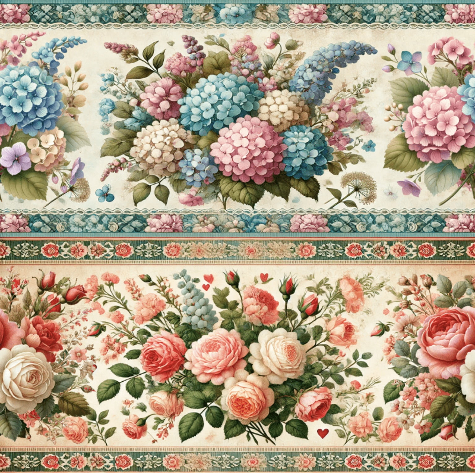 Tricoline estampa digital barrado hortênsias e rosas - CORTES 0,55m x 1,50m