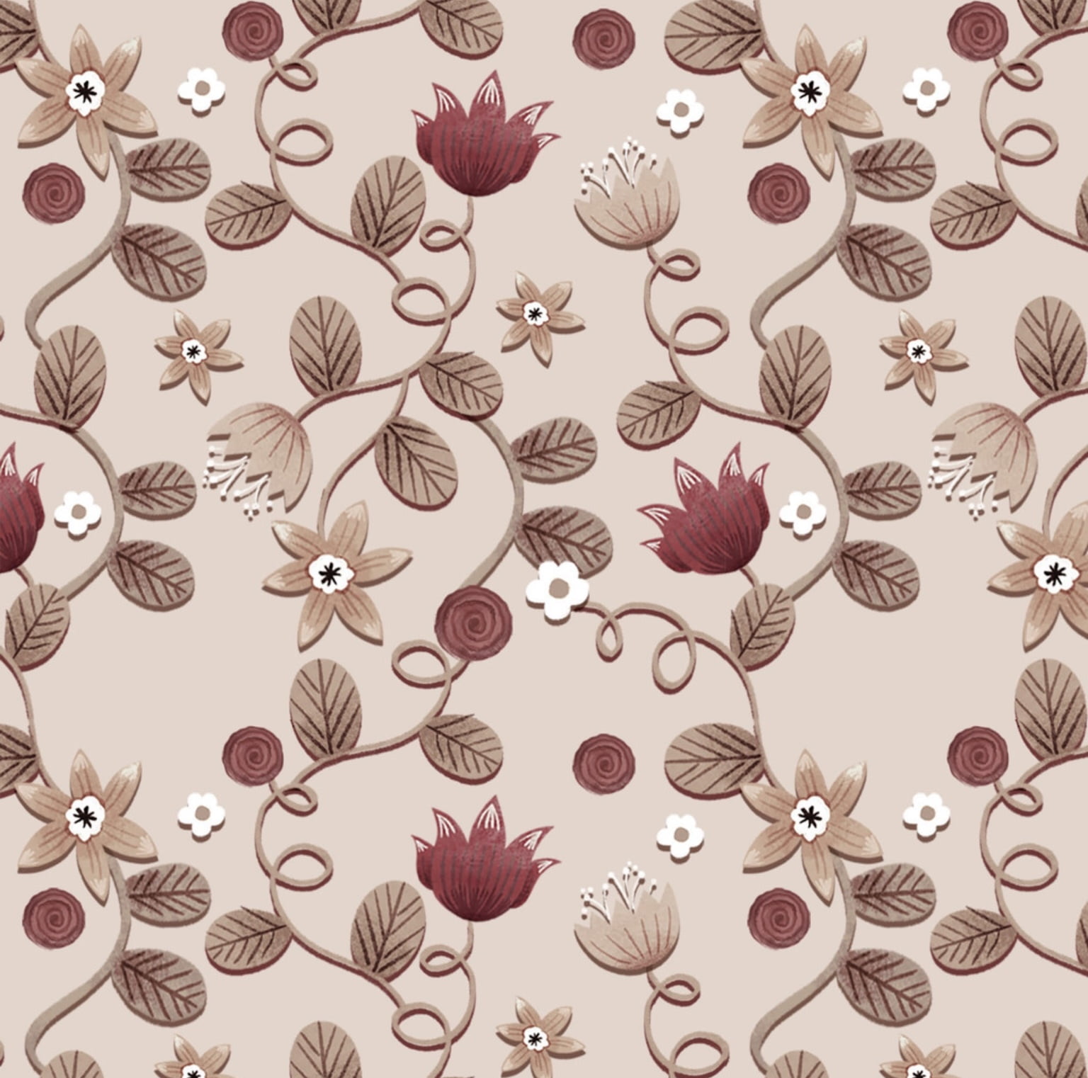 Tricoline estampa digital ramos merlot fundo bege 