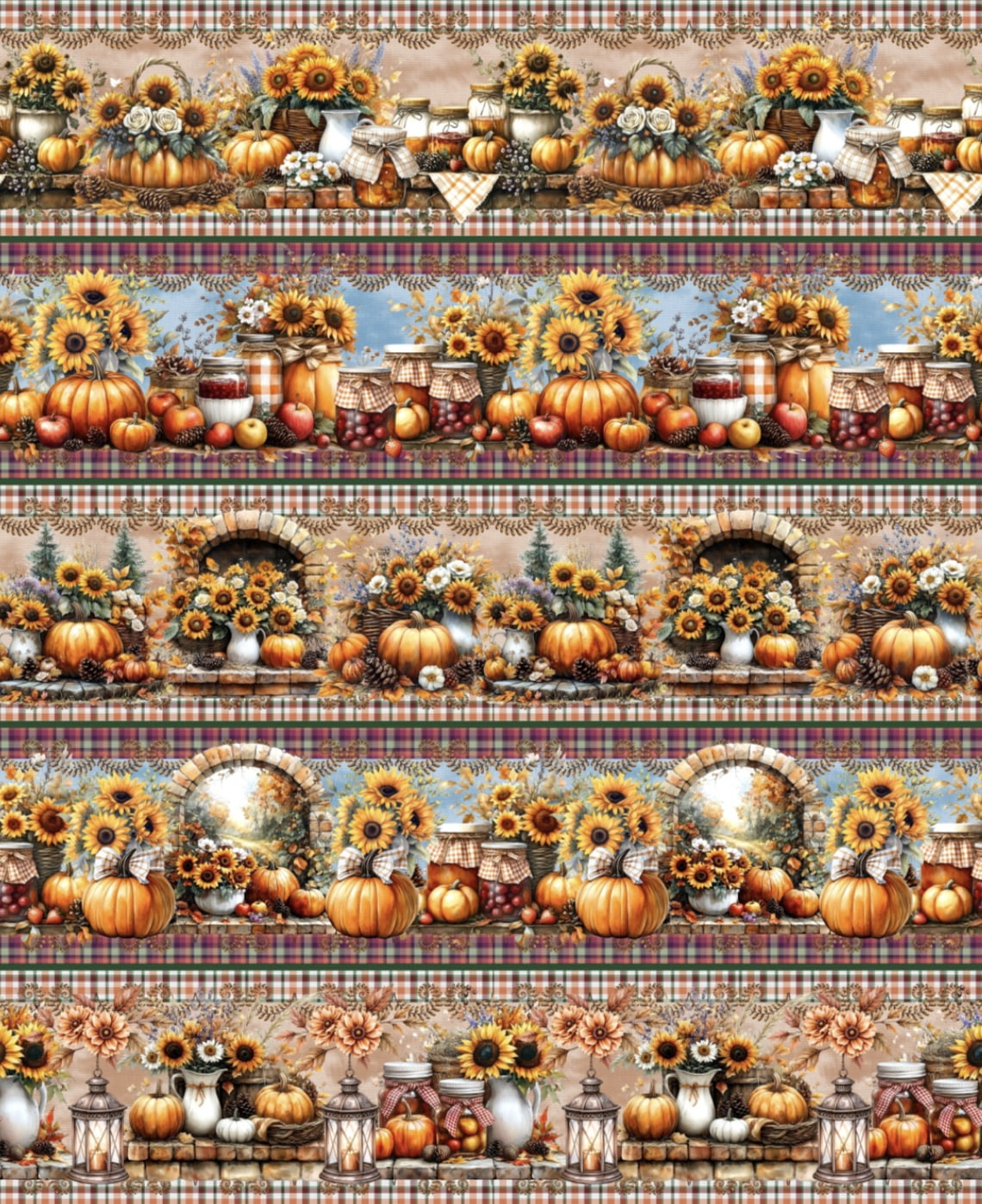 Tricoline estampa digital barrado abóboras com girassóis  - CORTES 0,55m x 1,50m 