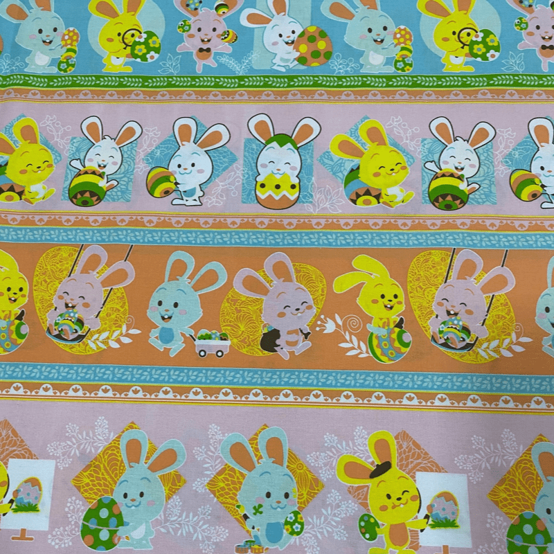 Tricoline estampado barrado coelhos simpáticos  - CORTES 0,55m x 1,50m