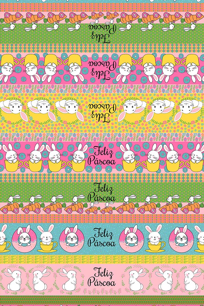Tricoline estampado barrado coelhos na xícara  - CORTES 0,55m x 1,50m 