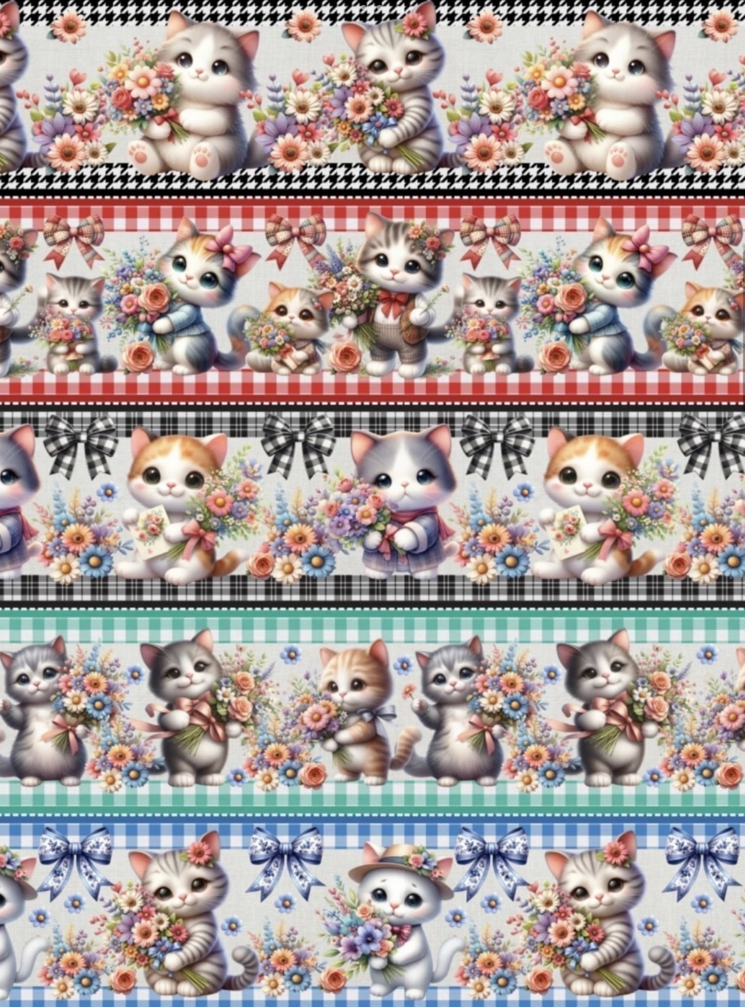 Tricoline estampa digital barrado gatinhos e flores - Dica para toalhas de banho 