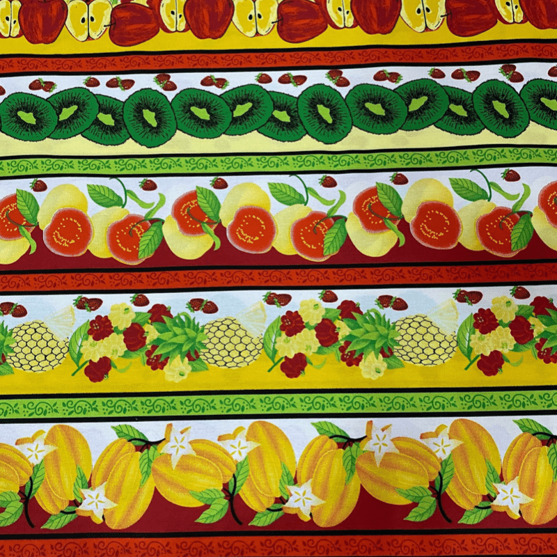 Tricoline estampado barrado kiwis e carambolas - CORTES 0,55m x 1,50m