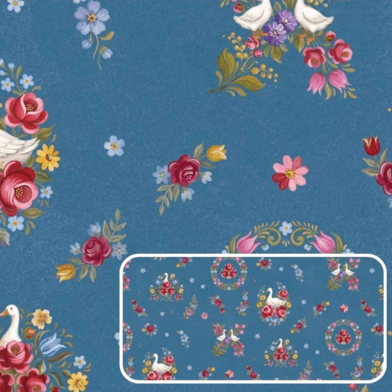 Tricoline estampa digital gansos e flores delicadas 