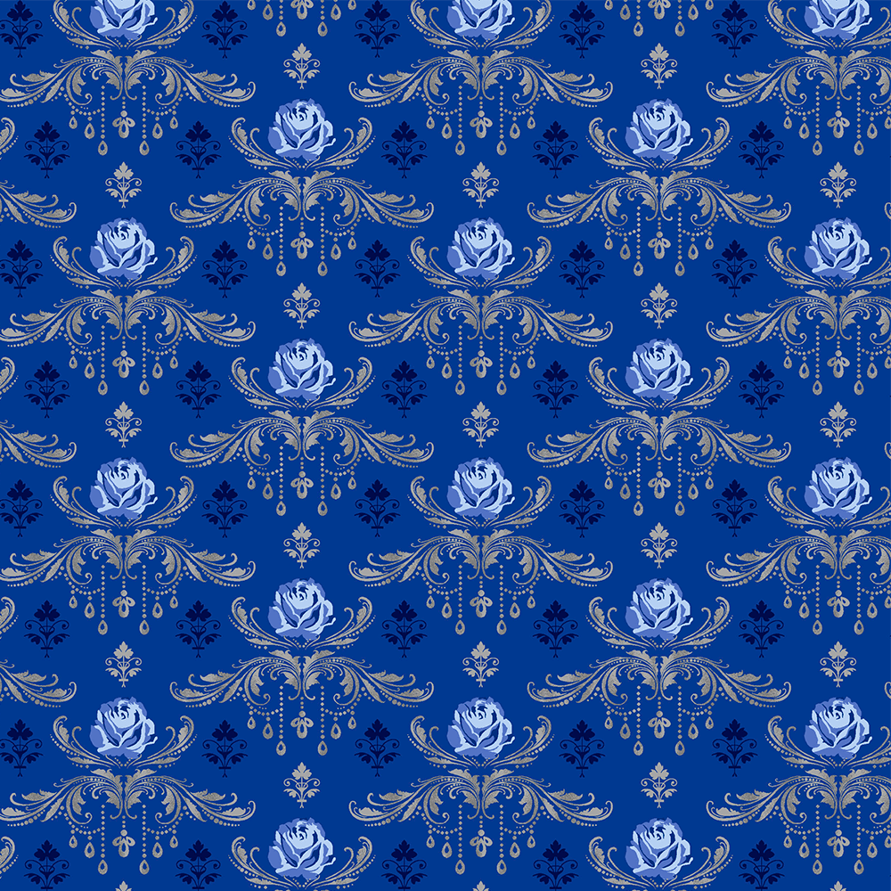 Tricoline estampado rosas com arabescos fundo azul