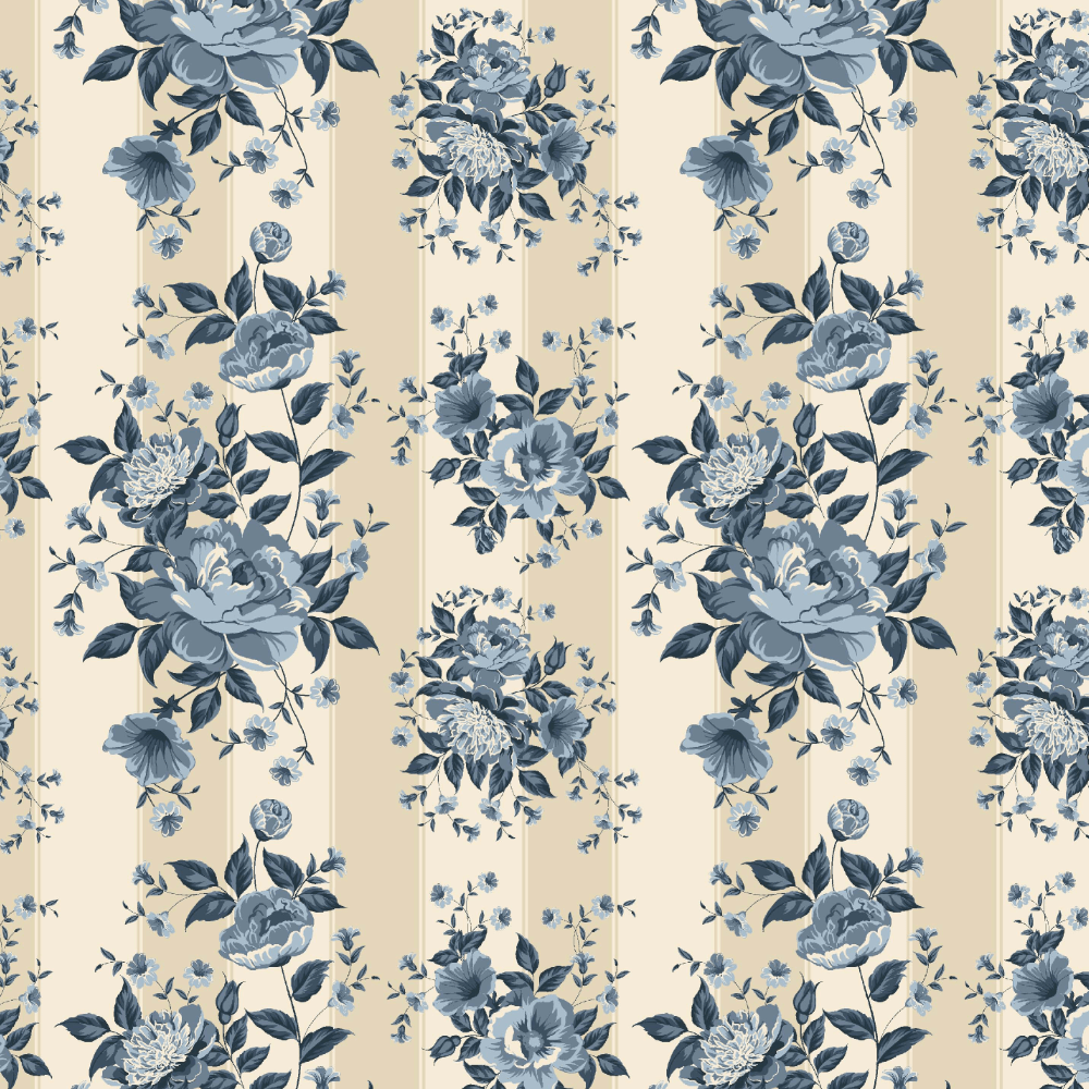 Tricoline estampado country floral azul e bege
