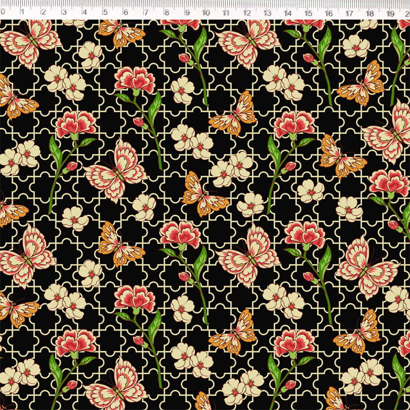 Tricoline estampado floral crisântemo fundo preto 