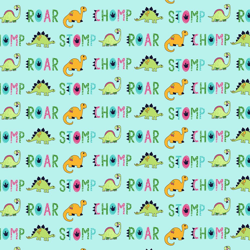 Tricoline estampado Dino com palavras fundo azul 