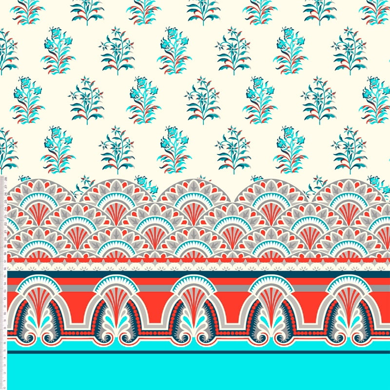Tricoline estampado jardim do palácio azul com vermelho 