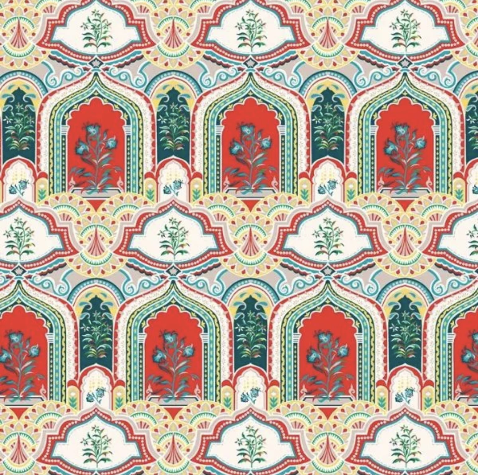 Tricoline estampado palácio real verde com vermelho 