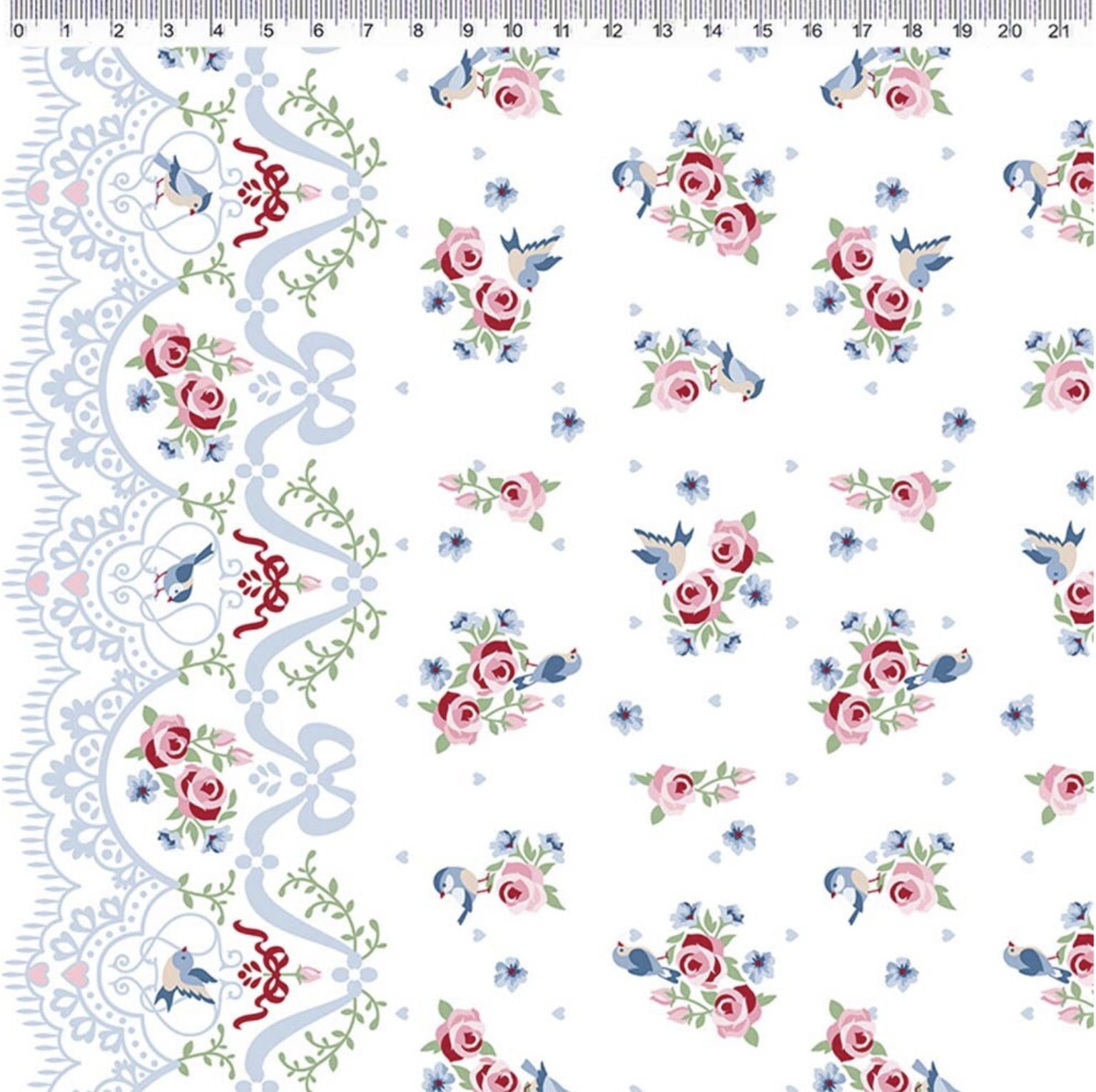 Tricoline estampa digital barrados de renda fundo branco 