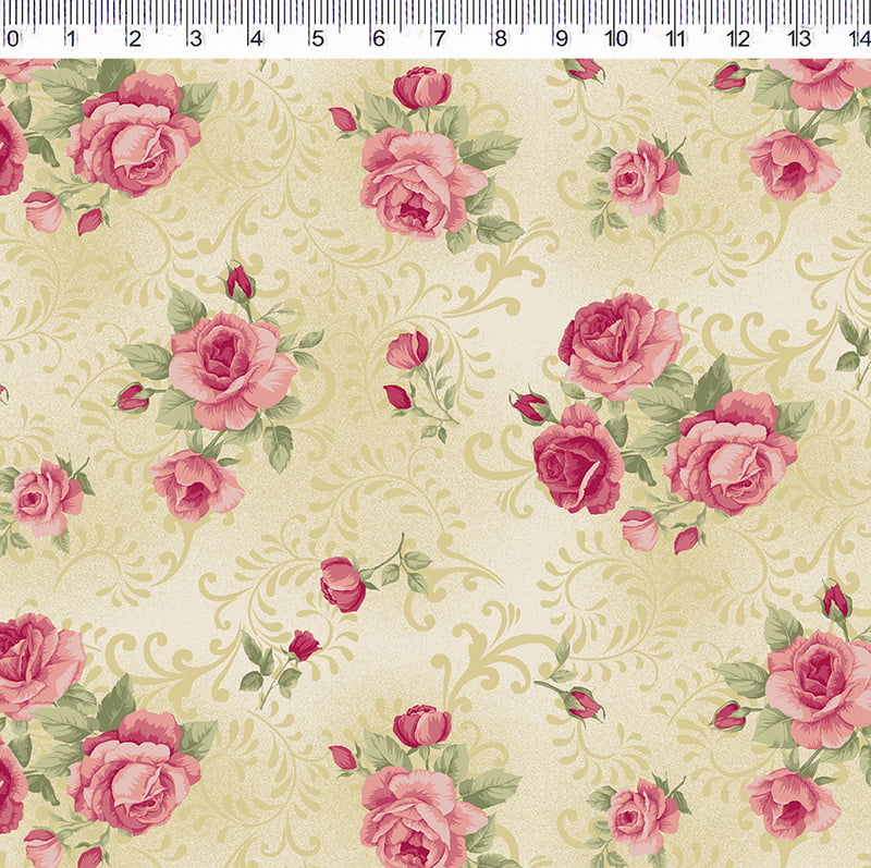 Tricoline estampa digital four seasons - rosas com arabesco fundo bege 