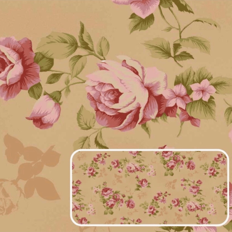 Tricoline estampa digital La vie en rose rosas com textura bege