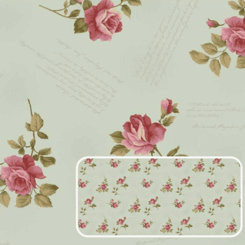 Tricoline estampa digital La vie en rose rosas com escritas verde claro