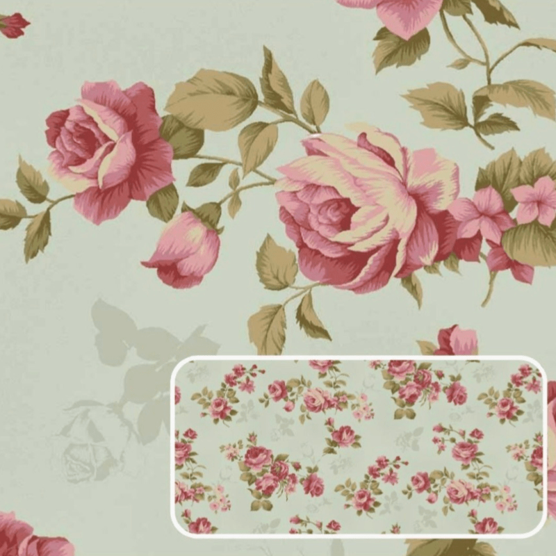 Tricoline estampa digital La vie en rose rosas com textura verde claro