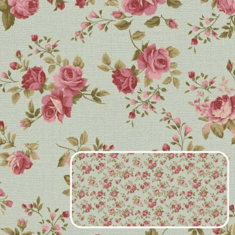 Tricoline estampa digital La vie en rose rosas médias verde claro