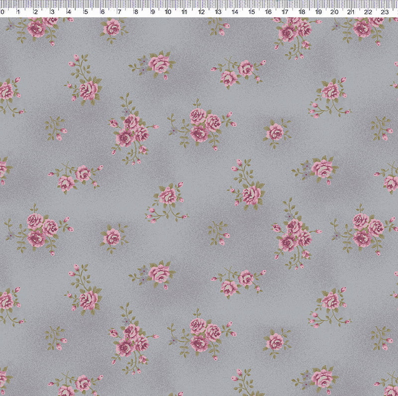 Tricoline estampa digital La vie en rose - rosas pequenas cinza
