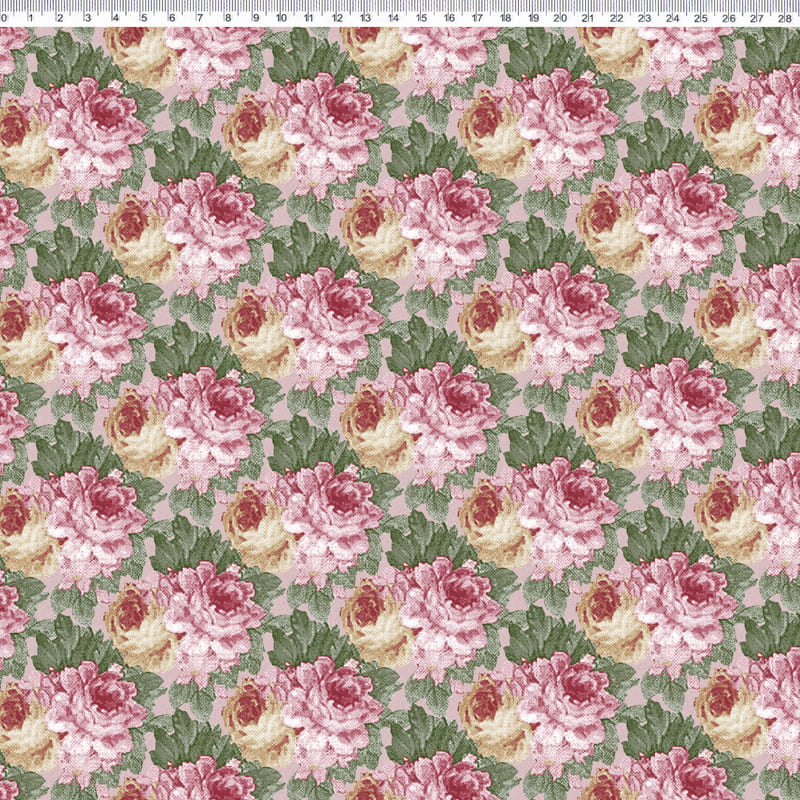 Tricoline estampado Secret garden rosas médias fundo rose